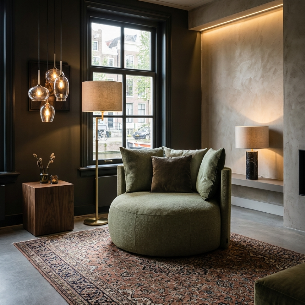 een fauteuil in een hotel chique woonkamer met verschillende lichtbronnen